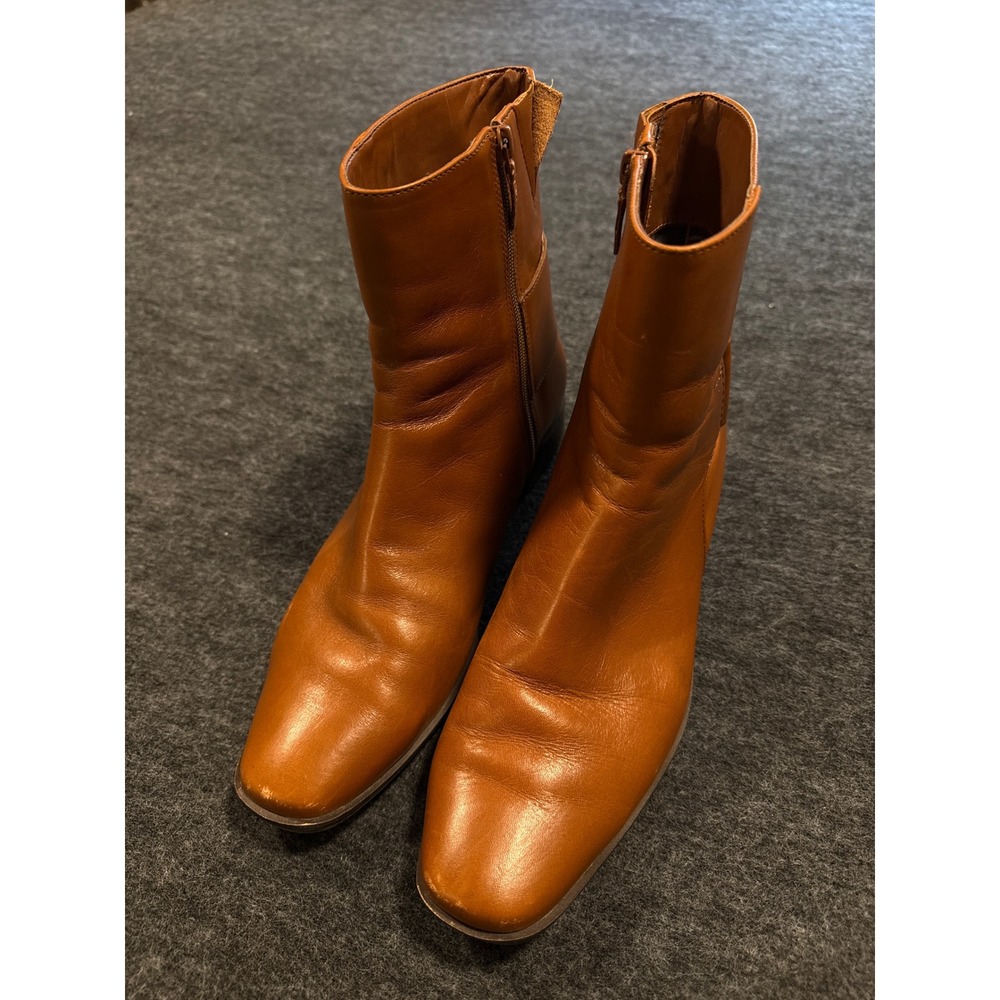 Talbots Ankle Boots Women 6.5W Cognac Brown Leather Square Toe Buckle